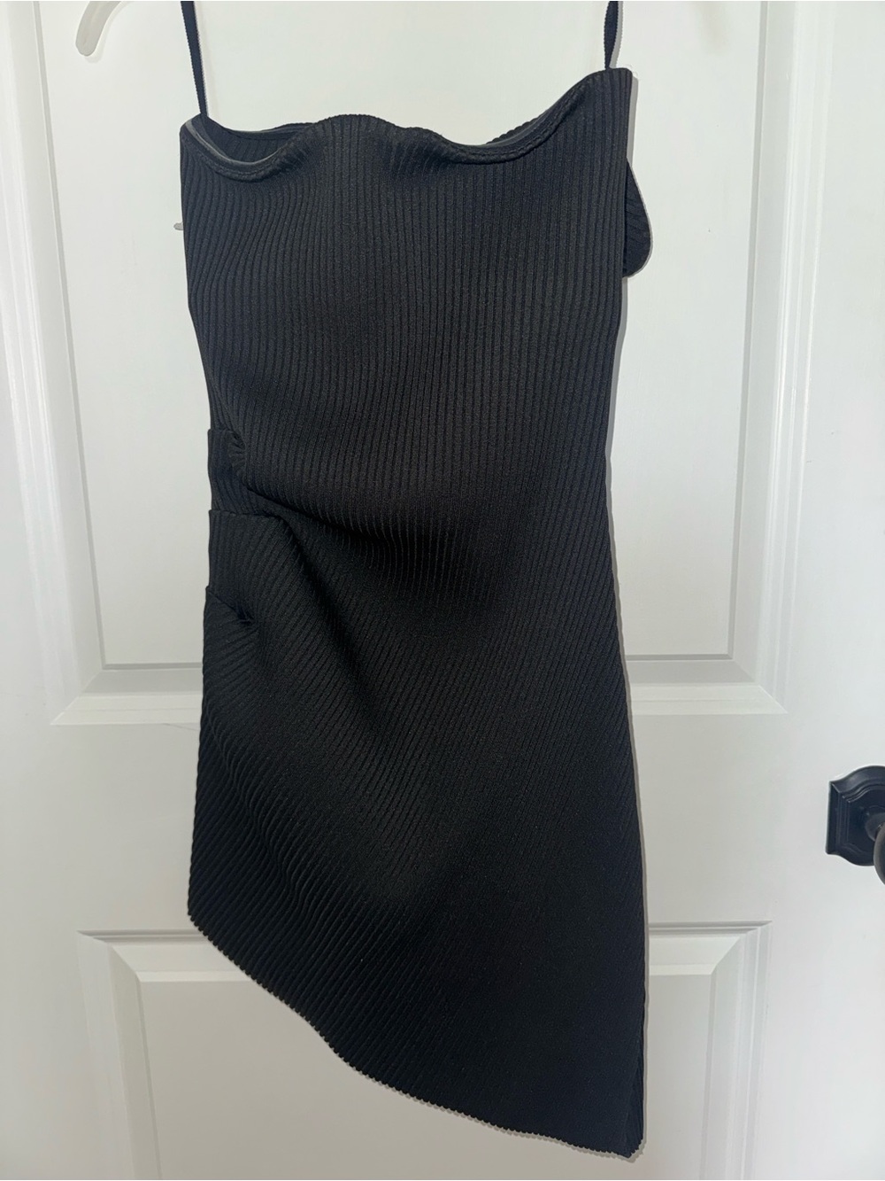NBD Black Ribbed Asymmetrical Slip Dress